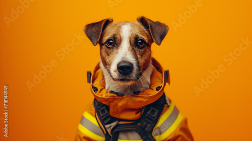 Dog in Firefighter Suit Standing on Orange Background photo