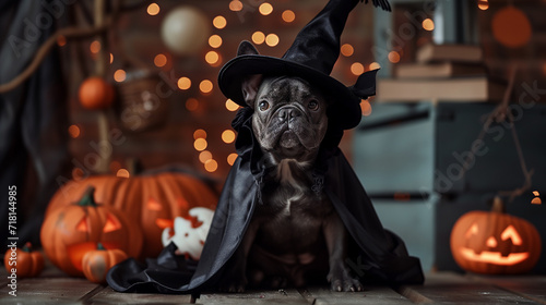 Black dog dressed in a witch costume for halloween, dog and pumpkins lifestyle image, ai generated