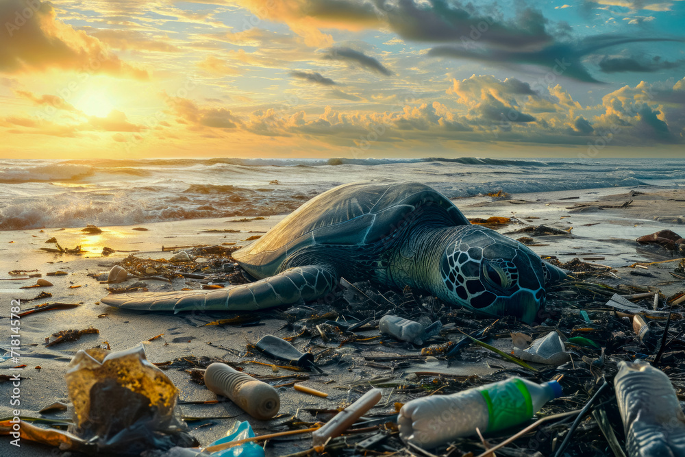 Sea turtle builds a nest to lay eggs among trash on the beach, illegal