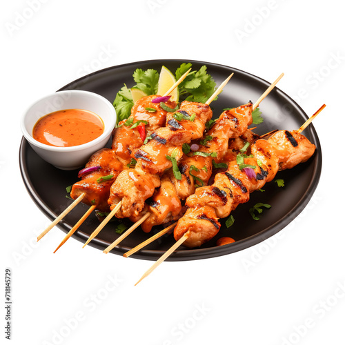 Thai chicken skewers with sauce isolated on white background