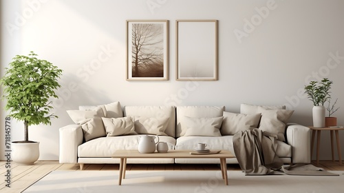 Mockup poster blank frame integrated into a gallery wall arrangement in a Nordic living room