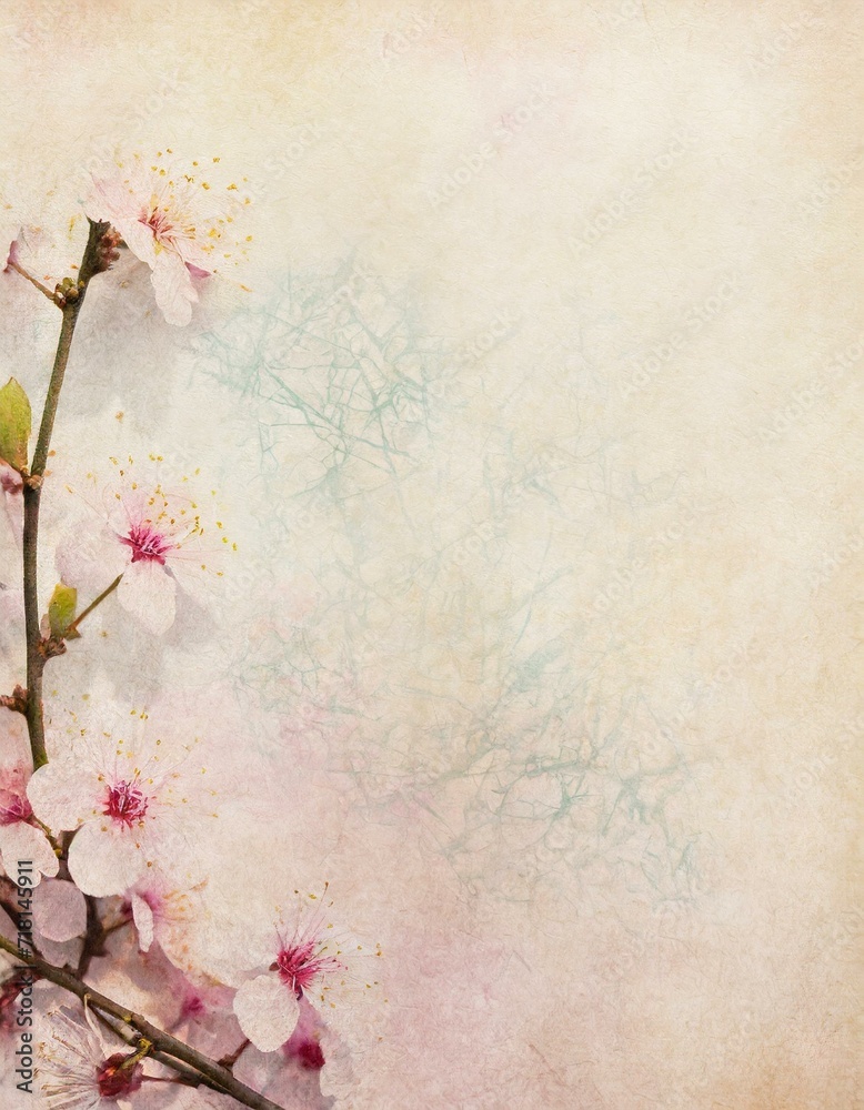 Old paper confectionery pastel background with blooming cherry tree flowers and copyspace. Old paper confectionery pastel background with blooming cherry tree flowers and copyspace.