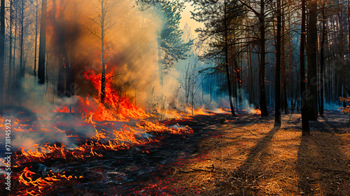 Wildfire in a Forest, Smoke and Flames in Nature, Environmental Disaster and Ecology Concept