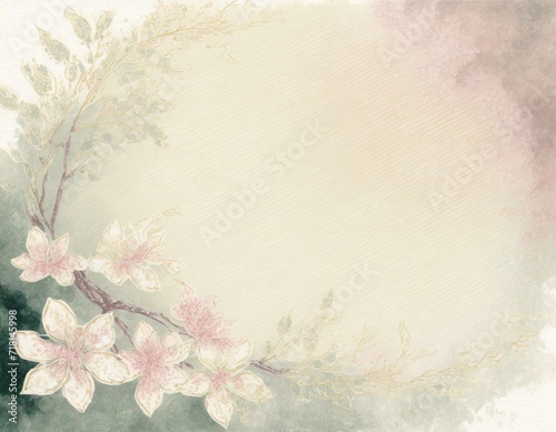 Old paper confectionery pastel background with blooming cherry tree flowers and copyspace. 