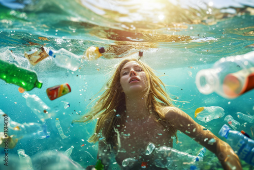Garbage in the environment, illegal dumping into the sea, blonde woman underwater swimming in plastic waste in the sea, World Water Day concept banner. photo