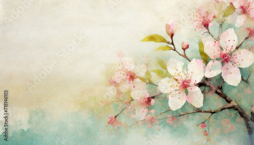 Old paper confectionery pastel background with blooming cherry tree flowers and copyspace.