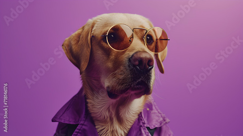 Labrador Retriever dog Wearing Sunglasses on Purple Background