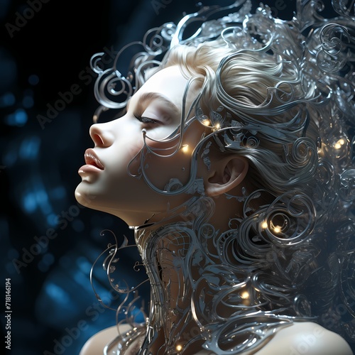 Ethereal moonlight casting a radiant glow on the artificial beauty of a digital model's closeup
