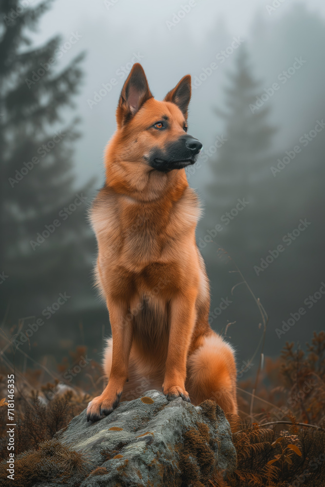 German Shepherd Dog Standing in Misty Forest German Shepherd Dog Standing in Misty Forest