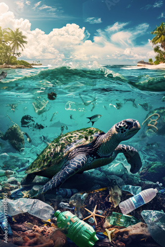 Sea turtle swims in the water near an atoll with garbage and plastic waste in the water, concept vertical poster for World Water Day and ecosystem destruction