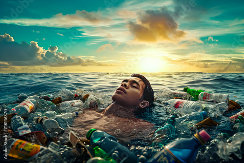 A man with his eyes closed lies on the water in the sea, surrounded by plastic bottles, waste from human activities polluting the ocean, raising awareness of the problem on World Water Day photo