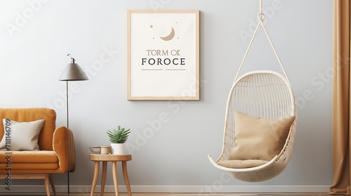 Mockup poster blank frame above a cozy reading corner with a hanging swing chair