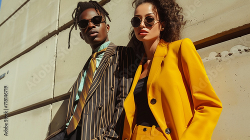 Fashionable duo shot featuring two models in coordinated or contrasting outfits, creating a visually dynamic composition, models, duo fashion, hd, dynamic with copy space