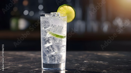 cocktail with lime and ice, a refreshing and classic gin and tonic cocktail, garnished with a wedge of lime and served over ice in a tall glass