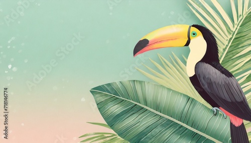 Pastel green tropical jungle background with a toucan bird. © Kati Lenart