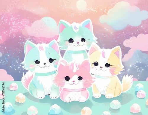 Pastel background with colorful happy cute cat toys in Japanese anime cartoon style.
