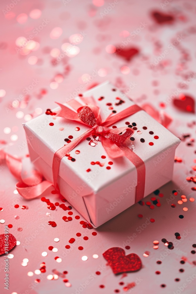 Close up pink gift on pastel pink background among heart-shaped confetti. Valentine's day, romance, love, wedding anniversary concept with copy space. Close up pink gift on pastel pink background among heart-shaped confetti. Valentine's day, romance, love, wedding anniversary concept with copy space.