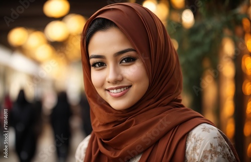 Smiling women in traditional hijab and looking at camera