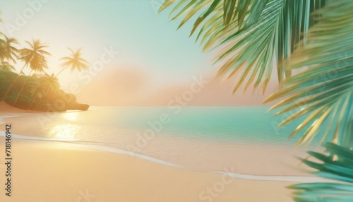 Paradise beach landscape as background. Pastel vivid colours  copyspace  tropical palm tree leaves  glittering sea water. 