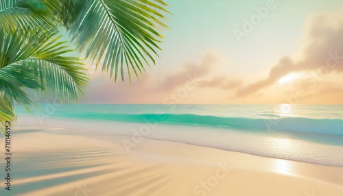 Paradise beach landscape as background. Pastel vivid colours  copyspace  tropical palm tree leaves  glittering sea water. 