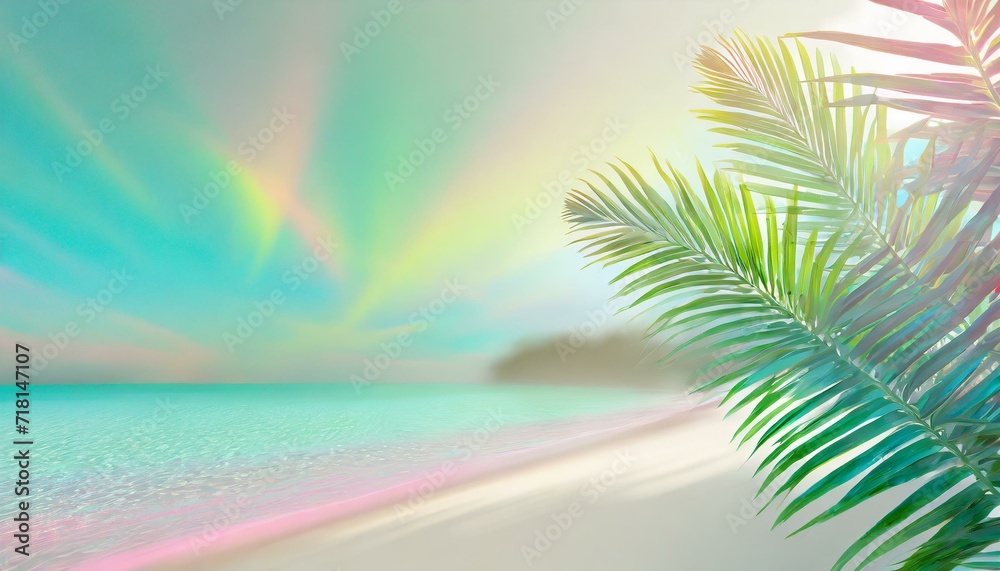 Paradise beach landscape as background. Pastel vivid colours, copyspace, tropical palm tree leaves, glittering sea water. 

