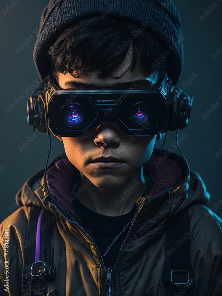 Closeup of Boy Wearing VR Headset Illustrations in 4k cyberpunk