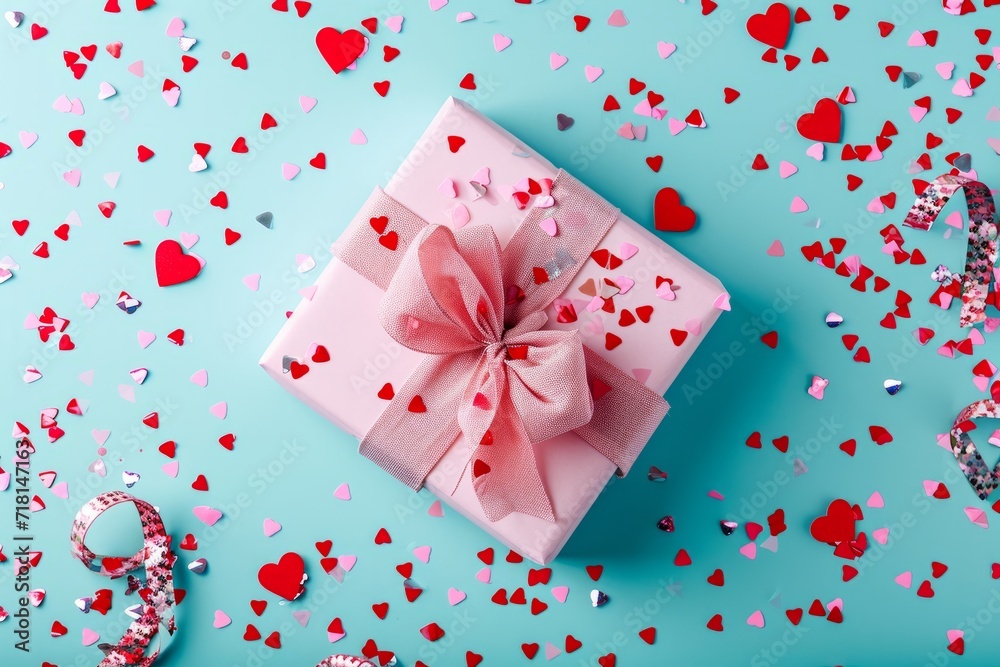 Close up pink gift on pastel blue background among heart-shaped confetti. Valentine's day, romance, love, wedding anniversary concept with copy space. Close up pink gift on pastel blue background among heart-shaped confetti. Valentine's day, romance, love, wedding anniversary concept with copy space.