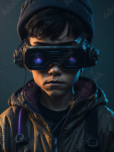 Closeup of Boy Wearing VR Headset Illustrations in 4k cyberpunk © Murad Mohd Zain