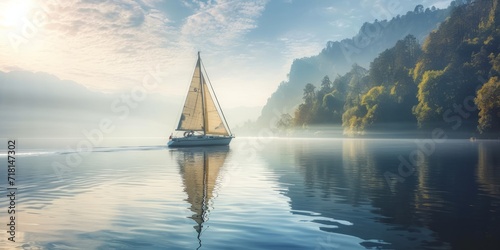 Sailing yacht on a lake among the mountains Generative AI