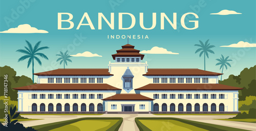Travel to Bandung poster. Landscape with architectural landmarks of Indonesian Gedung Sate. Summer vacation, tourism or journey. Panorama with buildings of Asian town. Cartoon flat vector illustration