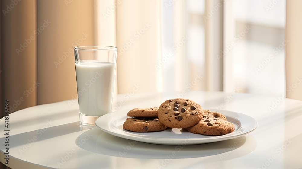 delicious cookies with chocolate arranged on a white plate, accompanied by a glass of fresh milk on a light table, suggesting an appealing idea for a children's breakfast or snack. delicious cookies with chocolate arranged on a white plate, accompanied by a glass of fresh milk on a light table, suggesting an appealing idea for a children's breakfast or snack.