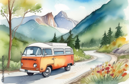 camper van parked in landscape of rough rocky mountains with uneven peaks, watercolor illustration.