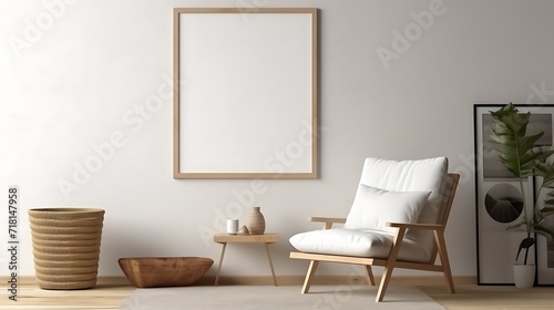 Mockup poster blank frame in a Scandinavian-inspired reading nook with a cozy rug © GraphixOne