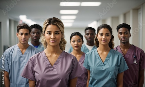 Nursing student standing with her team in hospital