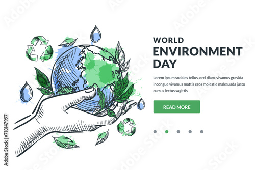 Earth Environment Day vector illustration. Hands holding planet with leaves, water, recycle symbols. Ecology concept