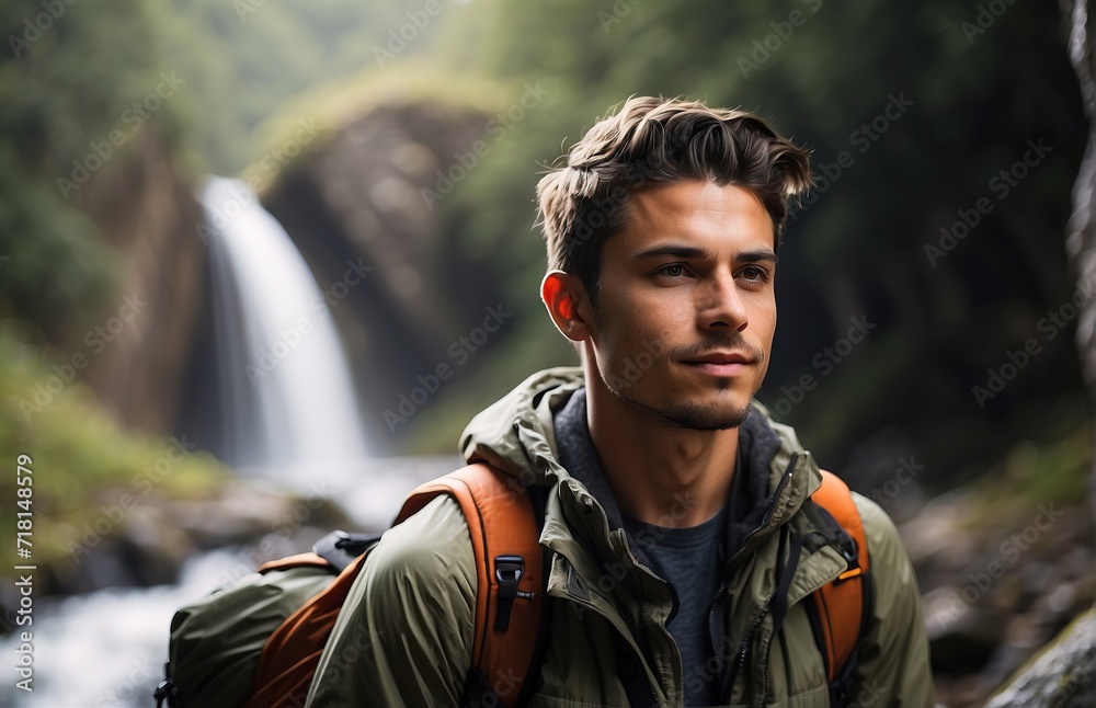 Man in Hiking Gear Standing on a Rock Looking Towards a Waterfal