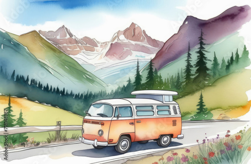 camping van outdoors with rocky mountains on background, road trip concept, watercolor landscape.