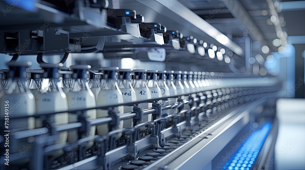 a milk factory with a robotic factory line dedicated to the processing and bottling of milk, selective focus to highlight specific details within the manufacturing process. a milk factory with a robotic factory line dedicated to the processing and bottling of milk, selective focus to highlight specific details within the manufacturing process.