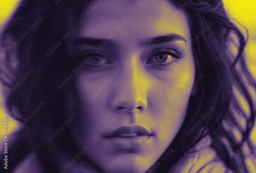Portrait of a woman. Graphic design poster with effects in yellow and purple color.