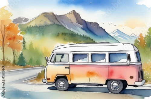 watercolor landscape of camping van outdoors with rocky mountains on background, road trip concept.