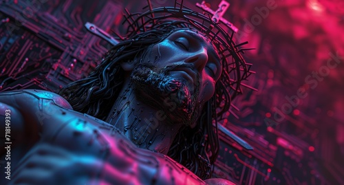 Cyberpunk Jesus Christ. The savior of mankind in Future