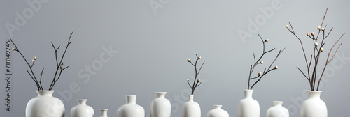 Fotografia white ceramic vases with branches on a plain gray background, a banner for the s