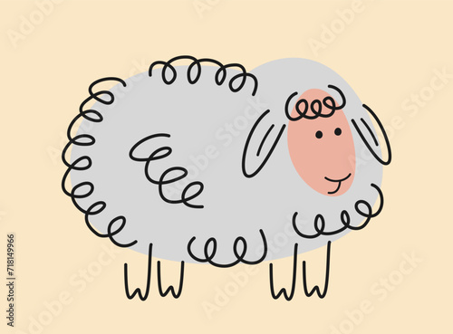 Cute hand drawn animal. Sticker with fluffy little sheep. Farm or agricultural animal. Design in doodle style for nursery room decoration. Cartoon flat vector illustration isolated on beige background