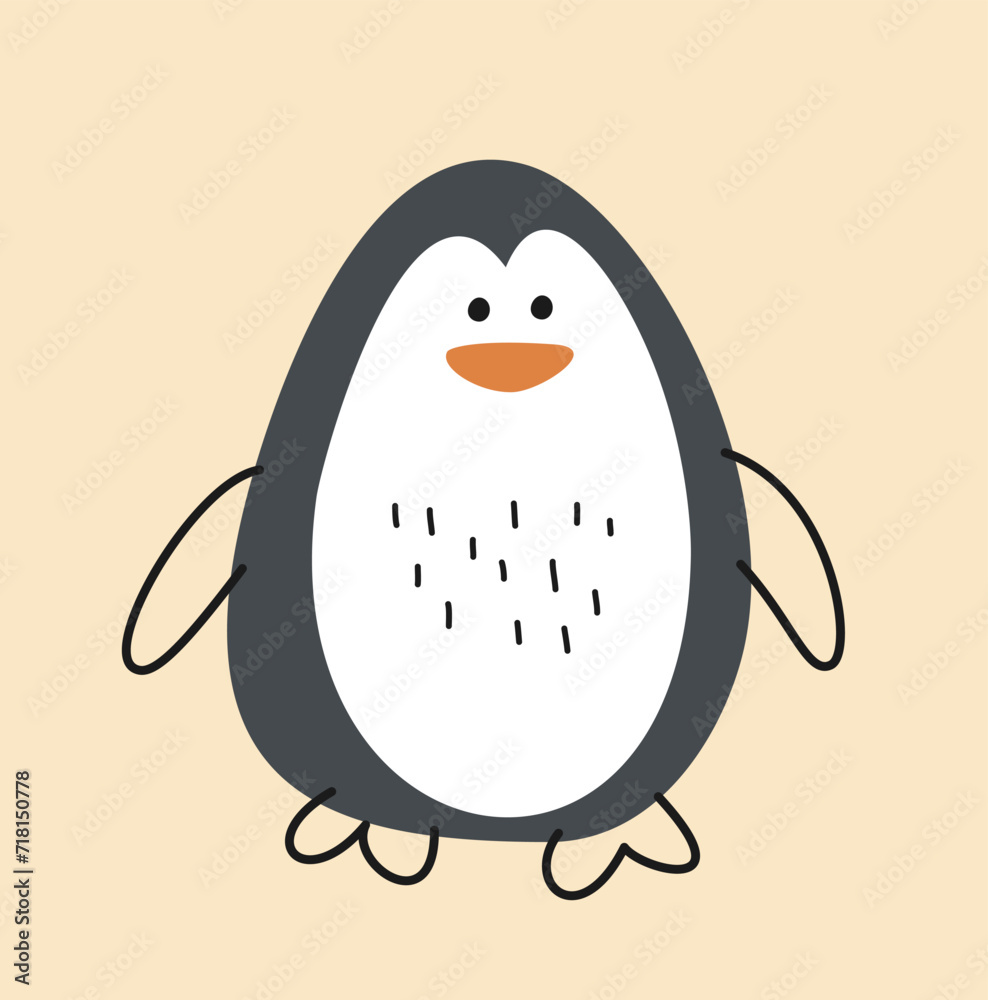 Cute hand drawn animal. Sticker with adorable polar penguin. Arctic bird in trendy Scandinavian style. Design for nursery room decoration. Cartoon flat vector illustration isolated on beige background Cute hand drawn animal. Sticker with adorable polar penguin. Arctic bird in trendy Scandinavian style. Design for nursery room decoration. Cartoon flat vector illustration isolated on beige background
