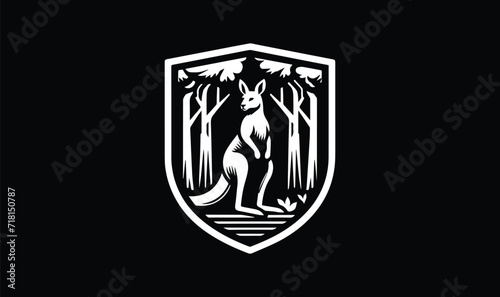 coat of arms, kingaroo, trees, standin, on black background photo