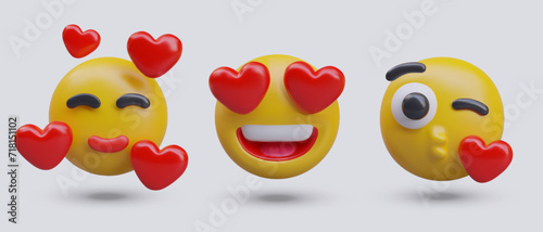 Set of emoticons in love. 3D yellow heads with red hearts. Adoration, sympathy, love, flirtation, kiss. Cute vector illustrations for couple communicating