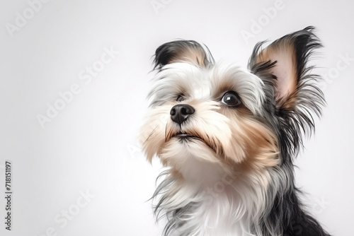 Beaver York Terrier breed dog on a light background with a place for text