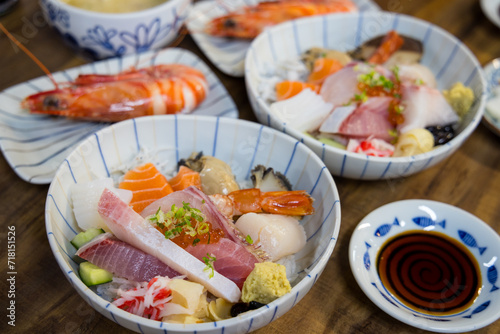 Slice of the fresh fish sashimi rice bowl
