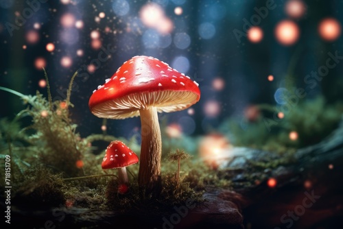 3d render of fly agaric mushroom in a forest , Fantasy mushroom with bokeh light in the forest at night, Ai generated