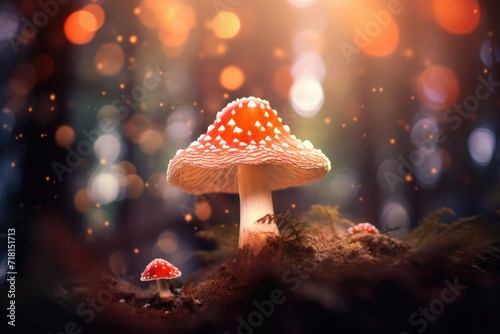 3d render of fly agaric mushroom in a forest , Fantasy mushroom with bokeh light in the forest at night, Ai generated